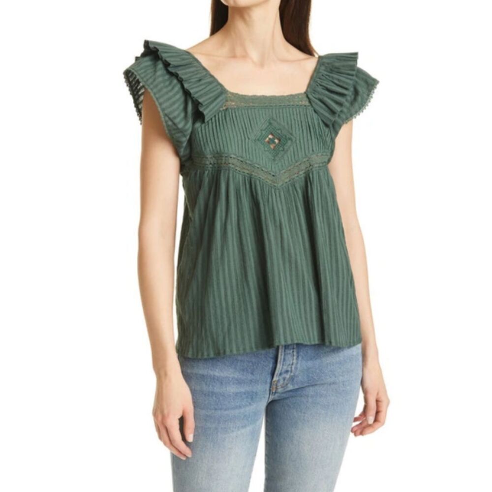 BA&SH Women's 1E21UMMA Size Large Kaki Umma Flutter Sleeve Swing Blouse Top NWT